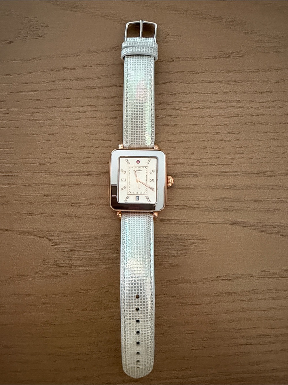 Michele Iridescent White Strap Rose-Gold Square Case Watch